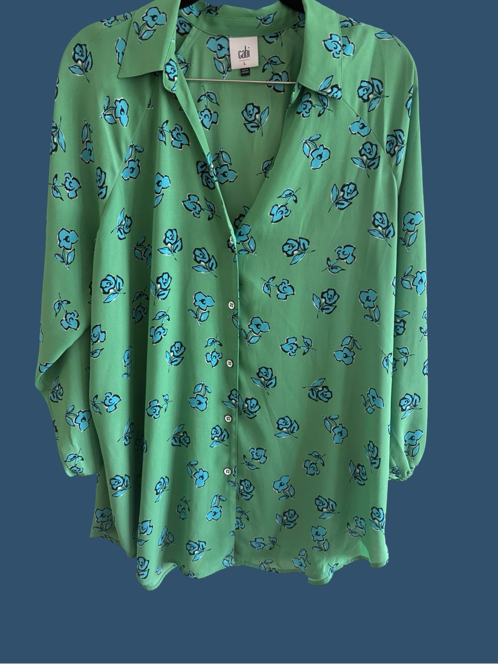 CAbi Green Blouse with Blue Floral Print